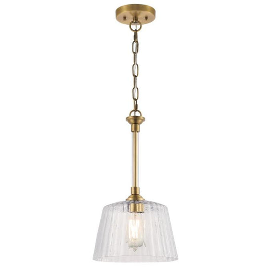Aggie One-Light Indoor Pendant: Brushed Brass Finish with Clear Ribbed Glass