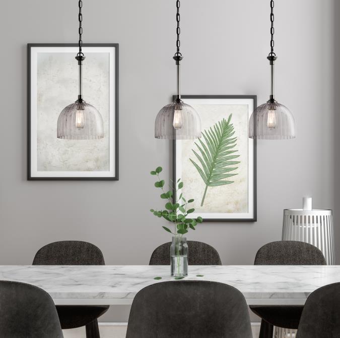 Camrose One-Light Indoor Pendant: Gun Metal Finish with Smoke Grey Ribbed Glass