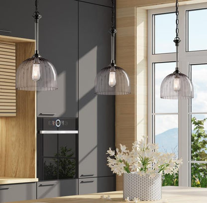 Camrose One-Light Indoor Pendant: Gun Metal Finish with Smoke Grey Ribbed Glass