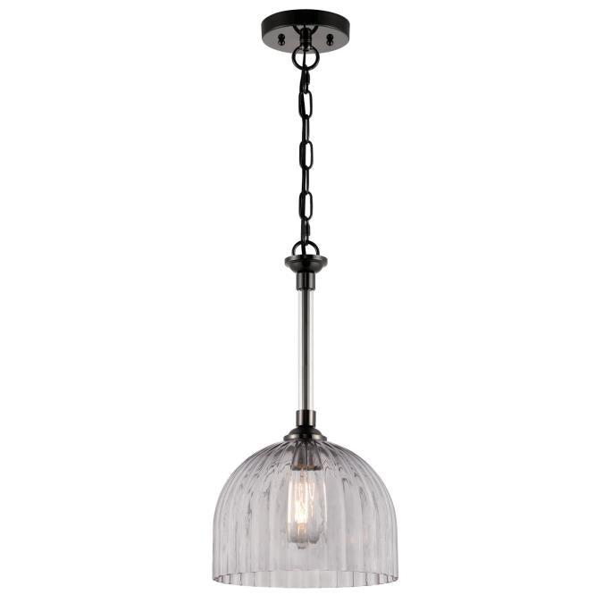 Camrose One-Light Indoor Pendant: Gun Metal Finish with Smoke Grey Ribbed Glass