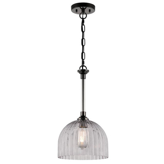 Camrose One-Light Indoor Pendant: Gun Metal Finish with Smoke Grey Ribbed Glass