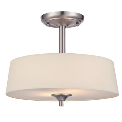 Parker Mews Two-Light Indoor Semi-Flush Ceiling Fixture: Brushed Nickel Finish with White Linen Fabric Shade and Frosted Glass Panel