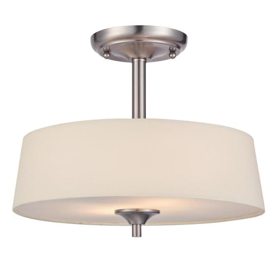 Parker Mews Two-Light Indoor Semi-Flush Ceiling Fixture: Brushed Nickel Finish with White Linen Fabric Shade and Frosted Glass Panel