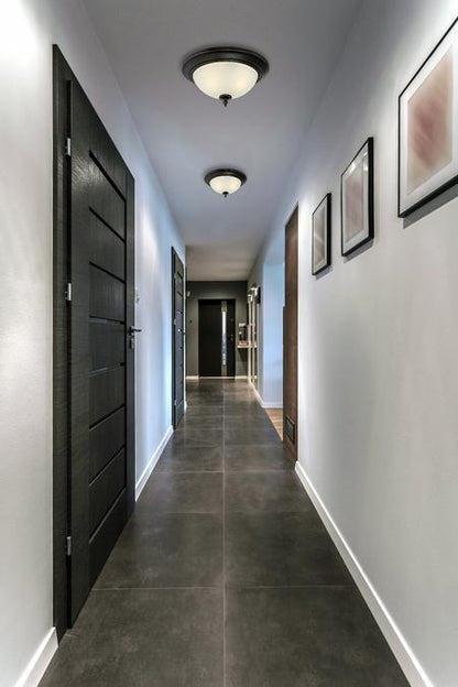 Harwell Two-Light Indoor Flush Mount Ceiling Fixture: Amber Bronze Finish with Frosted Glass