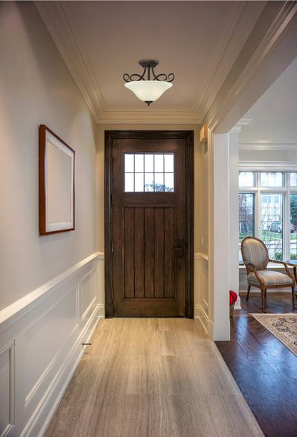 Dunmore 15-Inch, Two-Light Indoor Semi-Flush Mount Ceiling Fixture: Oil Rubbed Bronze Finish with Frosted Glass