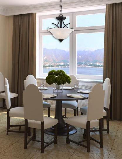 Pacific Falls Two-Light Indoor Convertible Pendant/Semi-Flush Ceiling Fixture: Amber Bronze Finish with White Alabaster Glass