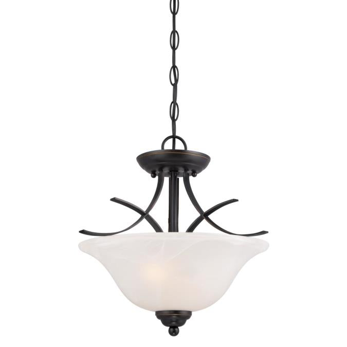 Pacific Falls Two-Light Indoor Convertible Pendant/Semi-Flush Ceiling Fixture: Amber Bronze Finish with White Alabaster Glass