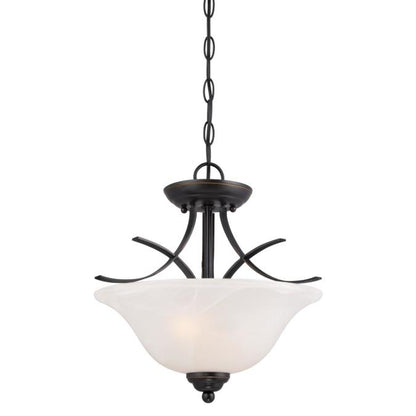 Pacific Falls Two-Light Indoor Convertible Pendant/Semi-Flush Ceiling Fixture: Amber Bronze Finish with White Alabaster Glass