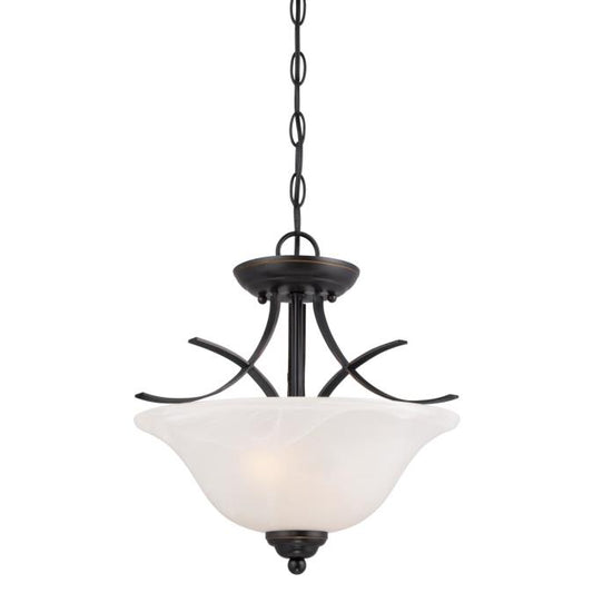 Pacific Falls Two-Light Indoor Convertible Pendant/Semi-Flush Ceiling Fixture: Amber Bronze Finish with White Alabaster Glass