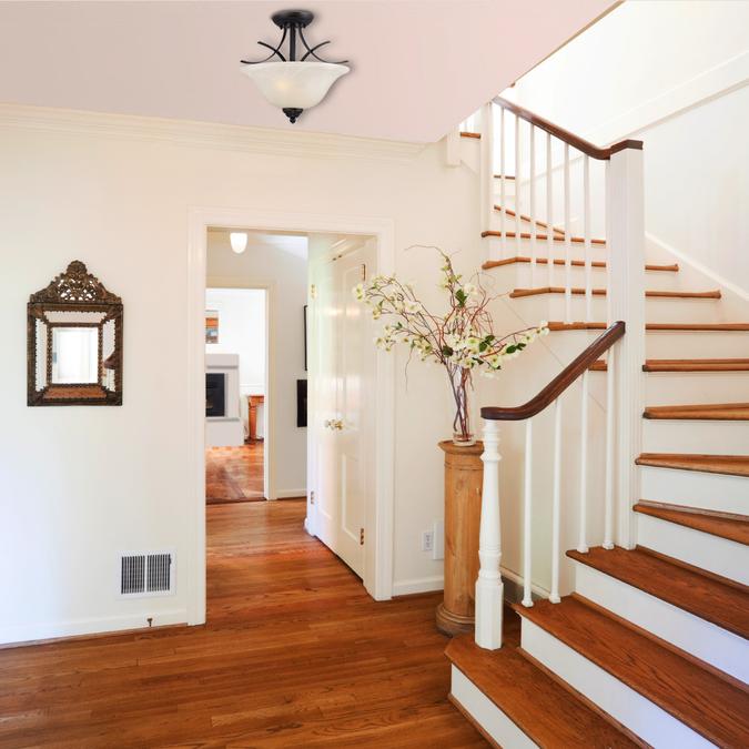 Pacific Falls Two-Light Indoor Convertible Pendant/Semi-Flush Ceiling Fixture: Amber Bronze Finish with White Alabaster Glass