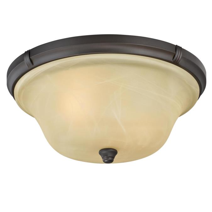 Tolbut Two-Light Indoor Flush Ceiling Fixture: Oil Rubbed Bronze Finish with Amber Alabaster Glass