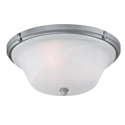Tolbut Three-Light Indoor Flush Ceiling Fixture: Antique Silver Finish with White Alabaster Glass