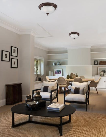 Two-Light Indoor Flush Ceiling Fixture: Oil Rubbed Bronze Finish with Frosted Swirl Glass