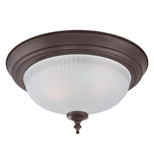 Two-Light Indoor Flush Ceiling Fixture: Oil Rubbed Bronze Finish with Frosted Swirl Glass