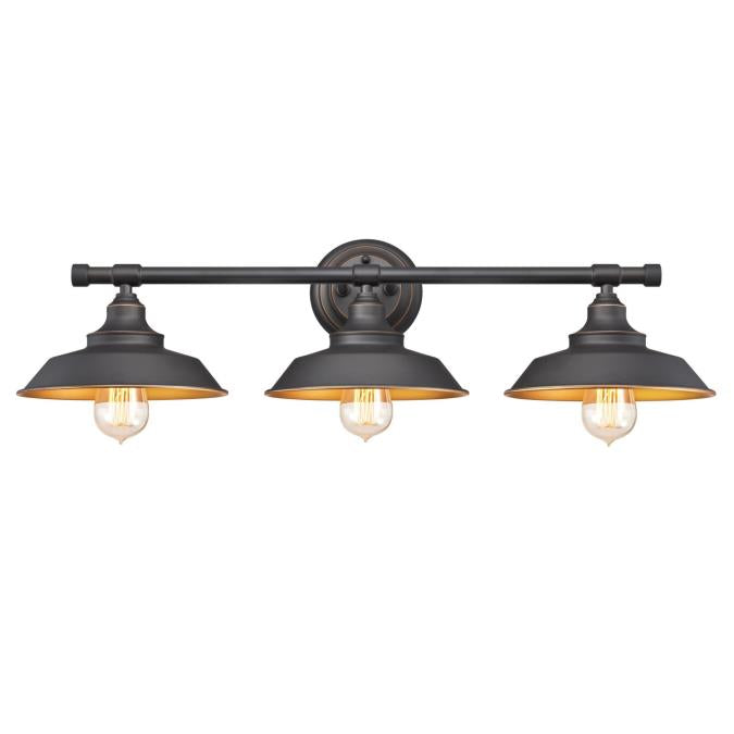 Iron Hill Three-Light Indoor Wall Fixture: Oil Rubbed Bronze Finish with Highlights and Metallic Bronze Interior
