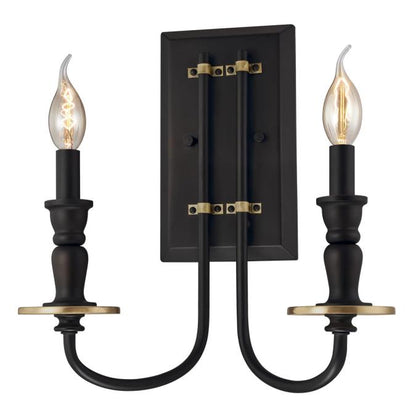 Cresting Two-Light Indoor Wall Fixture: Oil Rubbed Bronze Finish with Antique Brass Accents