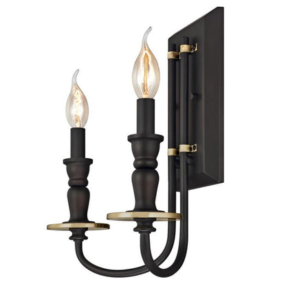 Cresting Two-Light Indoor Wall Fixture: Oil Rubbed Bronze Finish with Antique Brass Accents