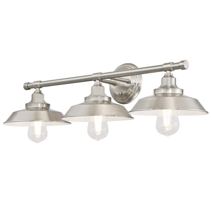 Iron Hill Three-Light Indoor Wall Fixture: Brushed Nickel Finish with Metal Shades