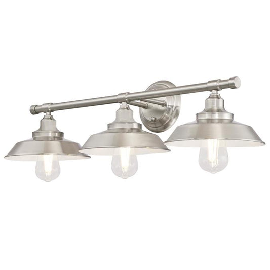 Iron Hill Three-Light Indoor Wall Fixture: Brushed Nickel Finish with Metal Shades