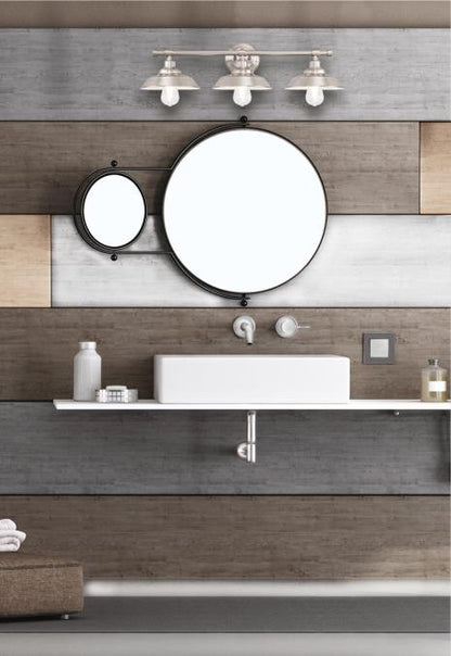 Iron Hill Three-Light Indoor Wall Fixture: Brushed Nickel Finish with Metal Shades