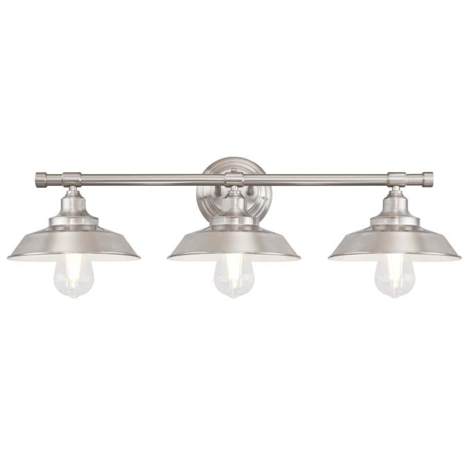 Iron Hill Three-Light Indoor Wall Fixture: Brushed Nickel Finish with Metal Shades