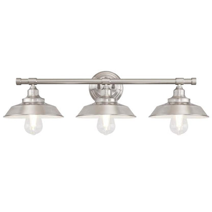 Iron Hill Three-Light Indoor Wall Fixture: Brushed Nickel Finish with Metal Shades