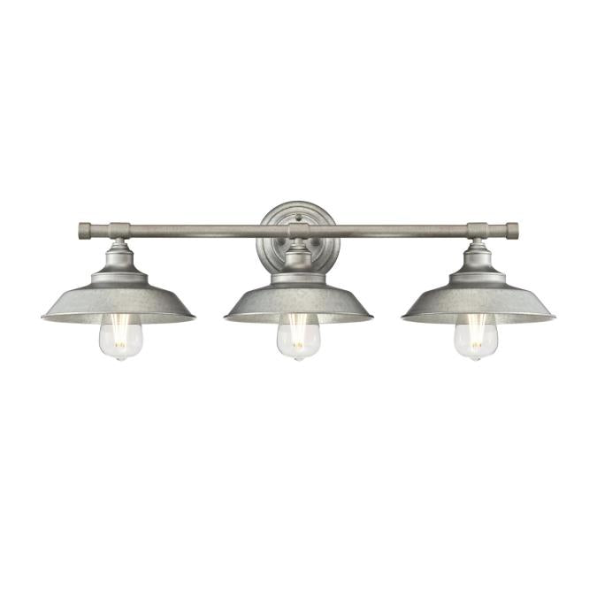 Iron Hill Three-Light Indoor Wall Fixture: Galvanized Steel Finish with Metal Shades
