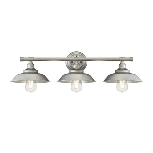 Iron Hill Three-Light Indoor Wall Fixture: Galvanized Steel Finish with Metal Shades