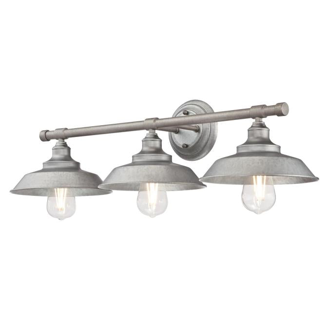Iron Hill Three-Light Indoor Wall Fixture: Galvanized Steel Finish with Metal Shades