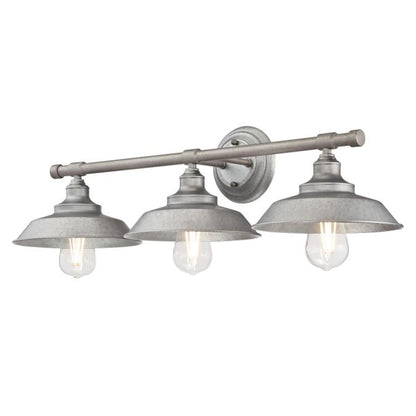 Iron Hill Three-Light Indoor Wall Fixture: Galvanized Steel Finish with Metal Shades