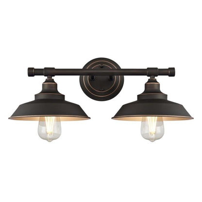 Iron Hill Two-Light Indoor Wall Fixture: Oil Rubbed Bronze Finish with Highlights and Metal Shades