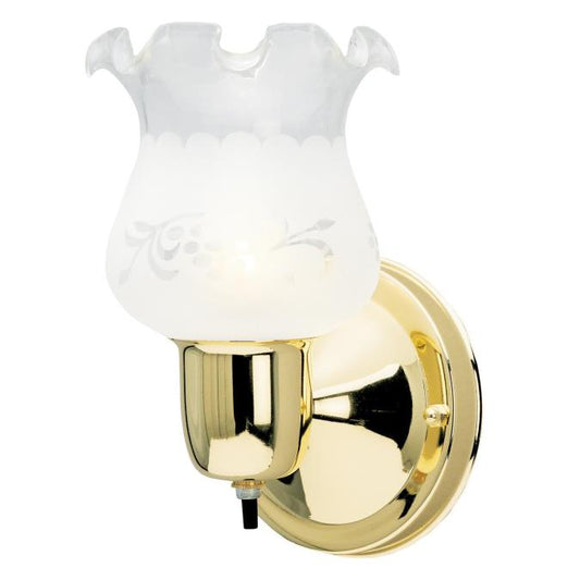 One-Light Indoor Wall Fixture with On/Off Switch: Polished Brass Finish with Frosted Etched Grape Design Glass