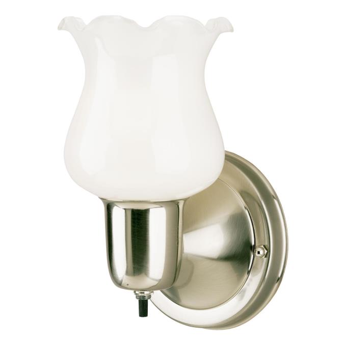 One-Light Indoor Wall Fixture with On/Off Switch: Brushed Nickel Finish with White Opal Glass