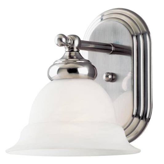 One-Light Indoor Wall Fixture: Brushed Nickel Finish with Frosted White Alabaster Glass